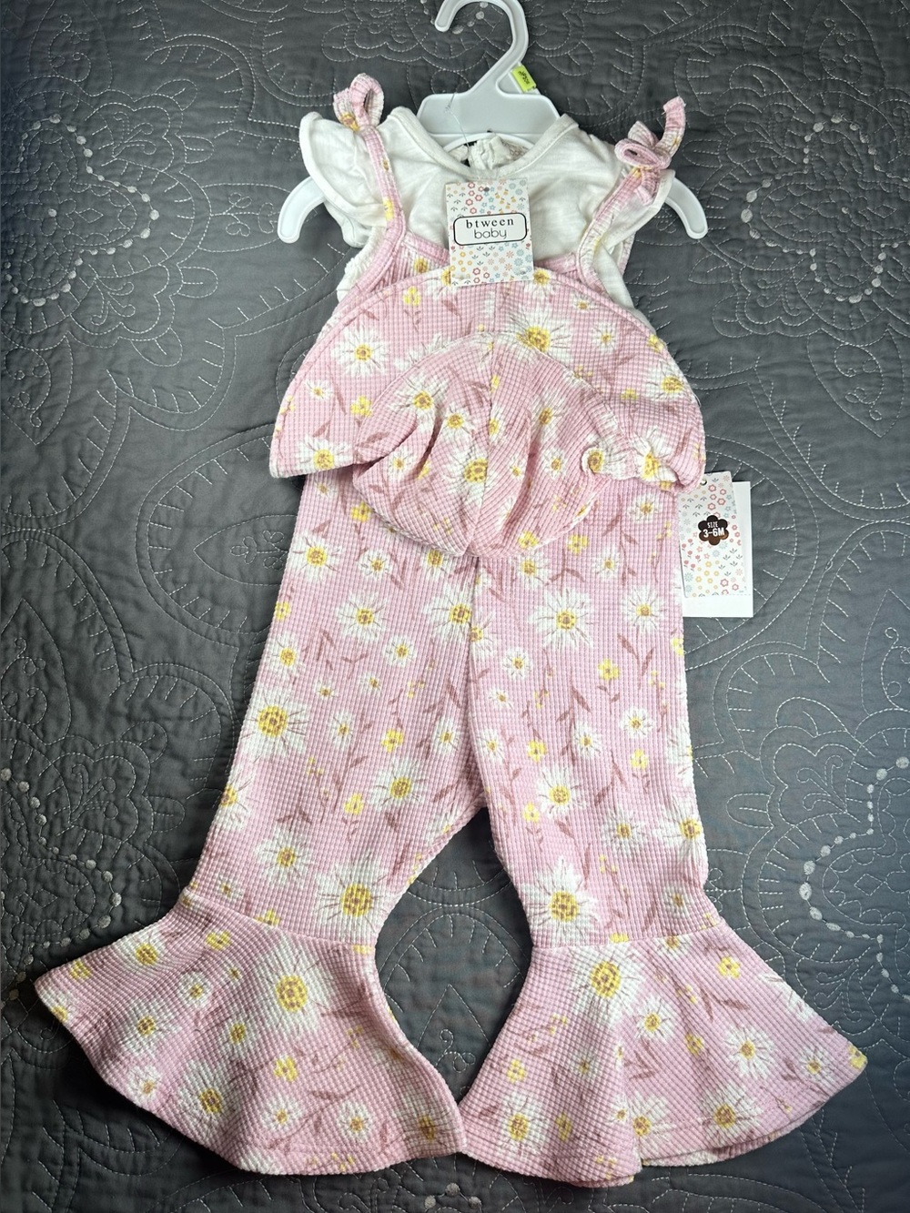 Between Baby 3-6 Months Pink and Daisy 3 Piece Bell Bottom Overall Set NWT